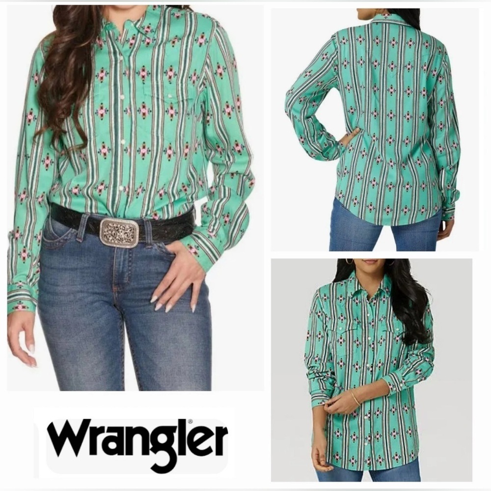 EUC Wrangler Retro Sz Lg Ladies Teal Southwestern  Snap Long Sleeve Shirt